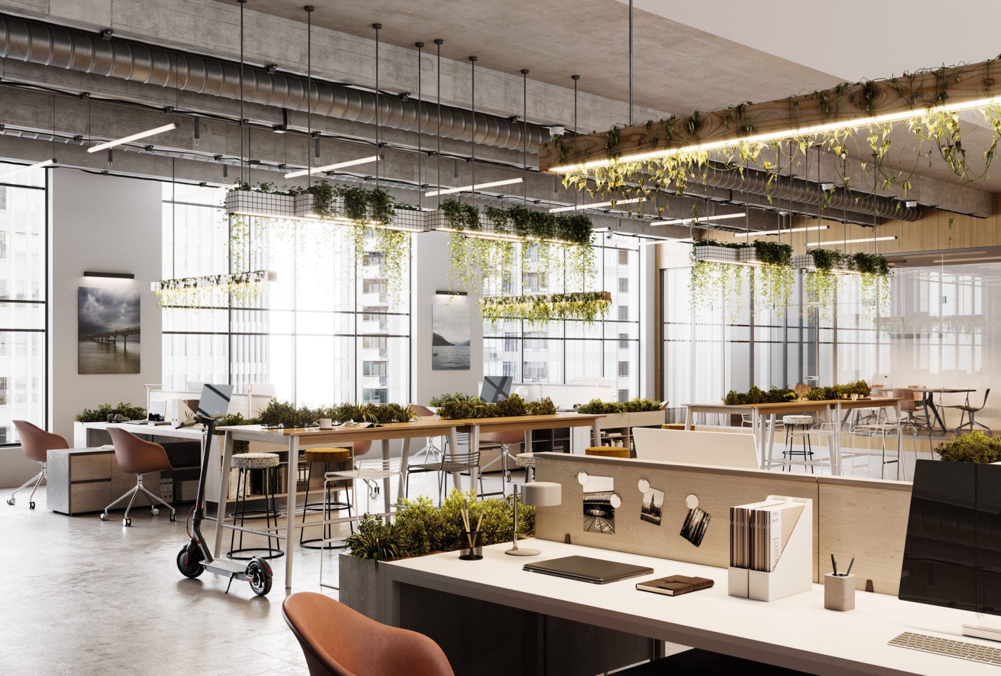 Eco friendly coworking office space in 3D. Computer generated image of an open plan office interior with plants.